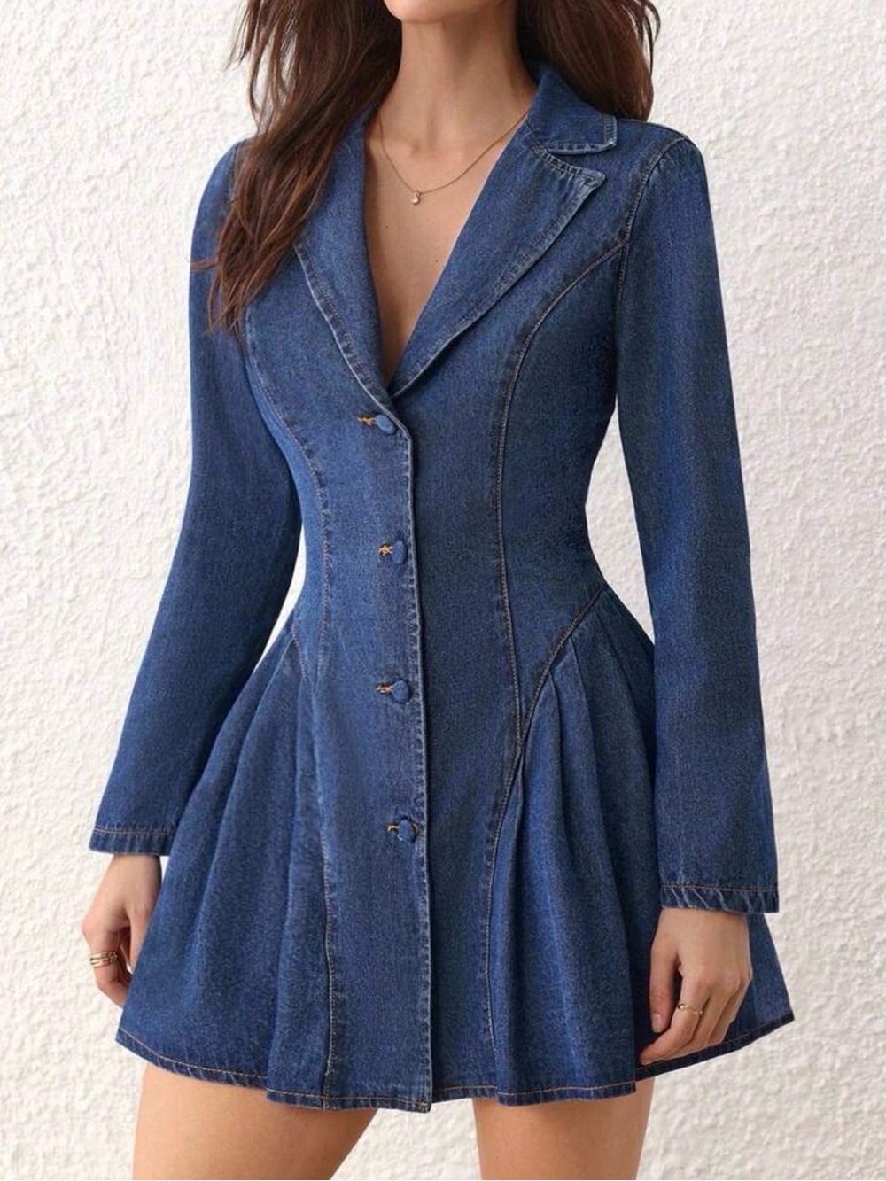 Blue Denim Fit-and-Flare Button Front Dress - Picture 2 of 4